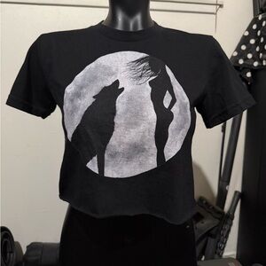 Black Crop Top with Wolf and Woman Silhouette